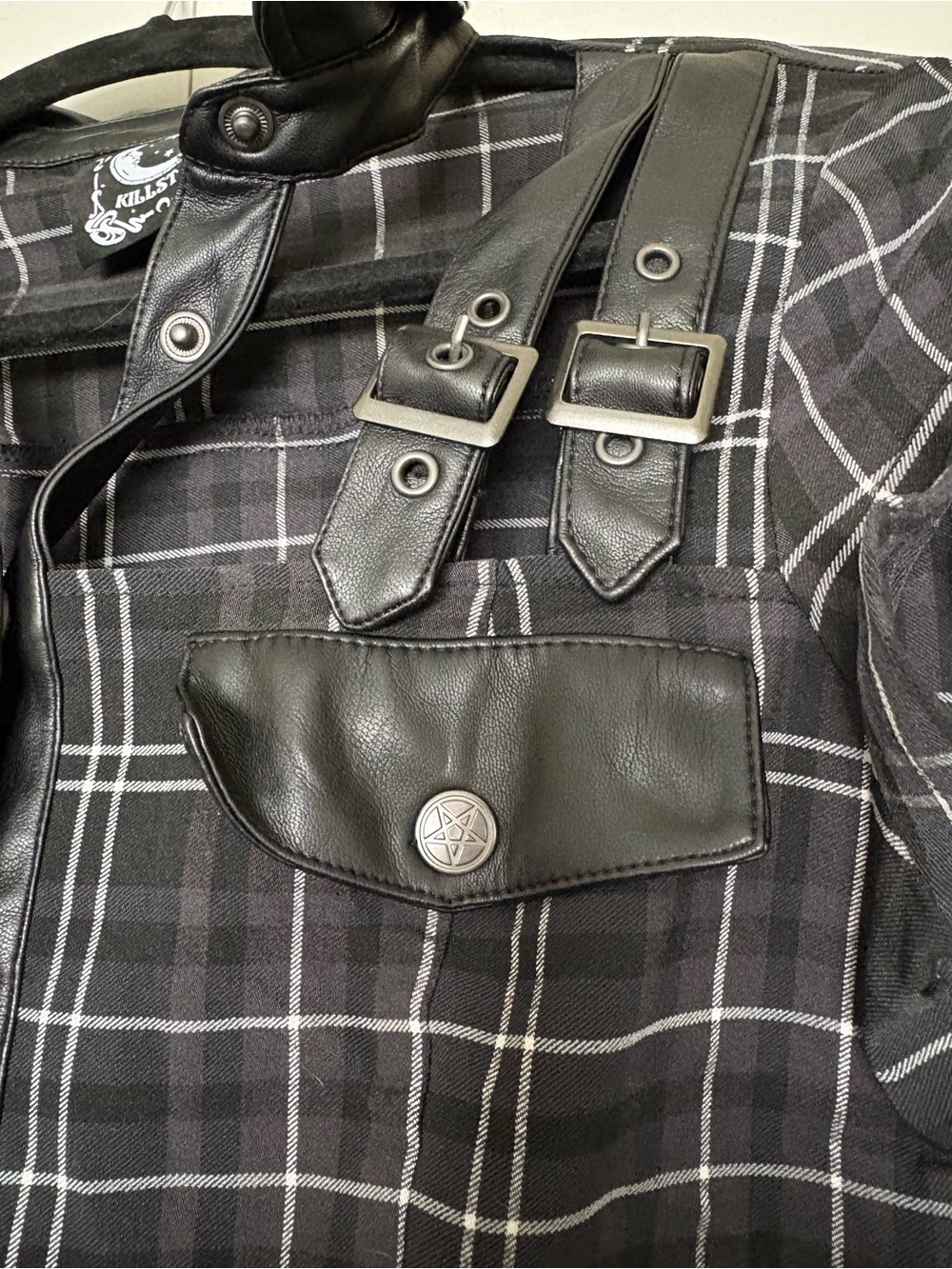 Killstar Black & Gray Plaid Mini Dress with Leather Trim - Picture 2 of 3